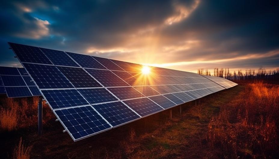 Usina fotovoltaica sob pôr do sol
