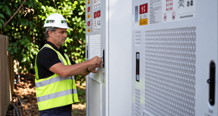 écnico da NBP Engenharia realiza procedimento em sistema BESS durante instalação e comissionamento em campo.